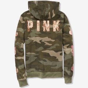 Victoria's Secret PINK Green Camo Rose Gold Bling Floral Full Zip Hoodie Size XS
